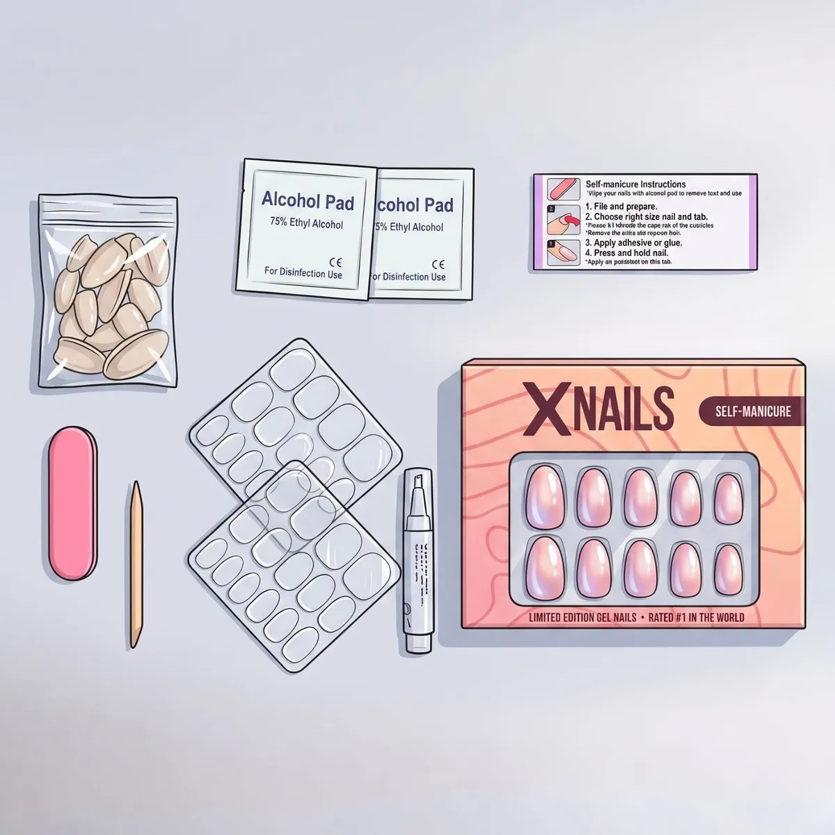 XNails självmanikyr-kit med fil, prep-dukar, lim och press-on naglar för brudnaglar